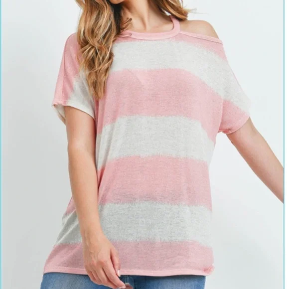 ❌DONATED❌Pink Oatmeal Striped One Side Cold Shoulder Tunic Top - Picture 3 of 11